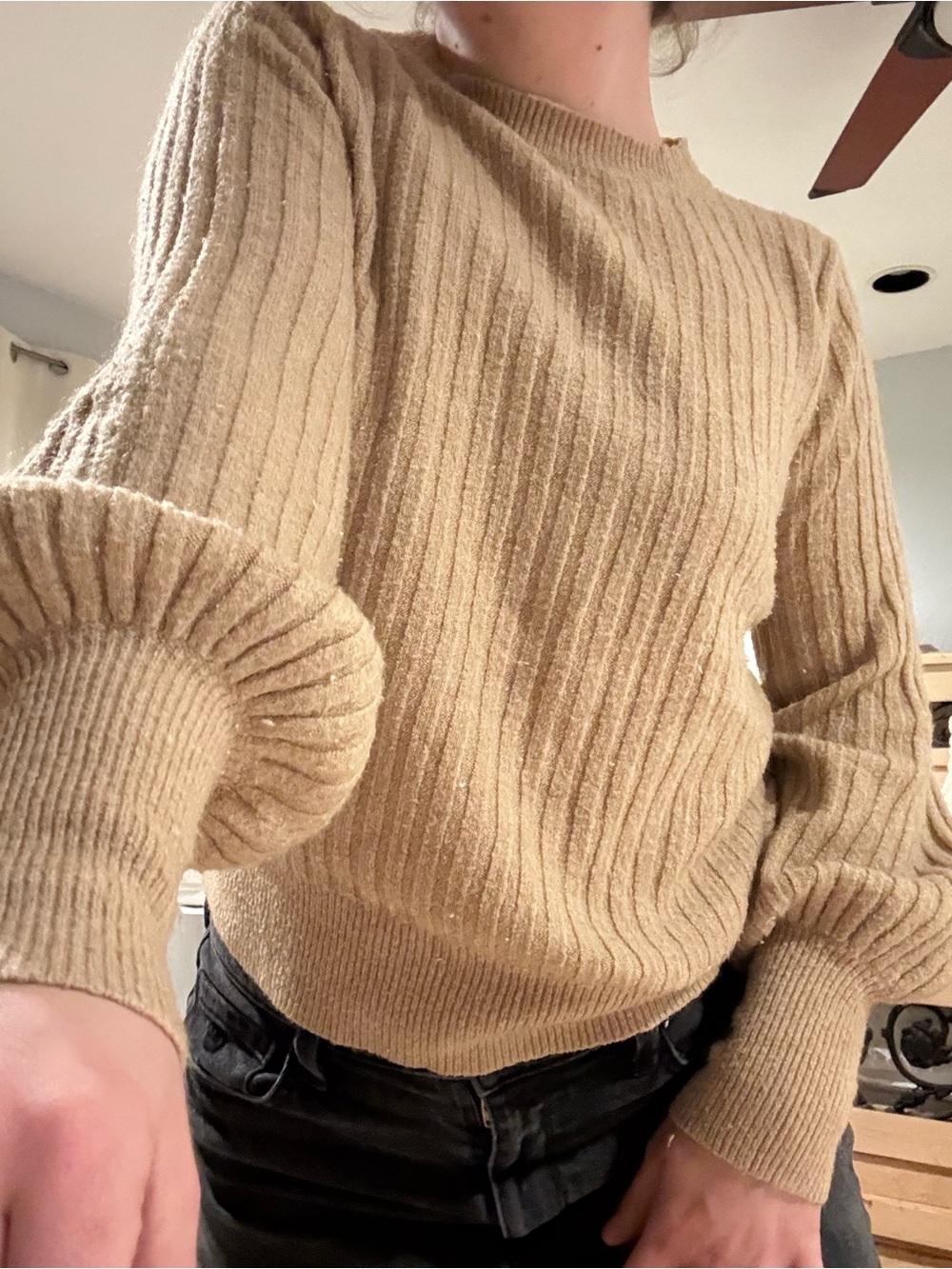 LOFT Ribbed Crewneck Sweater in Tan